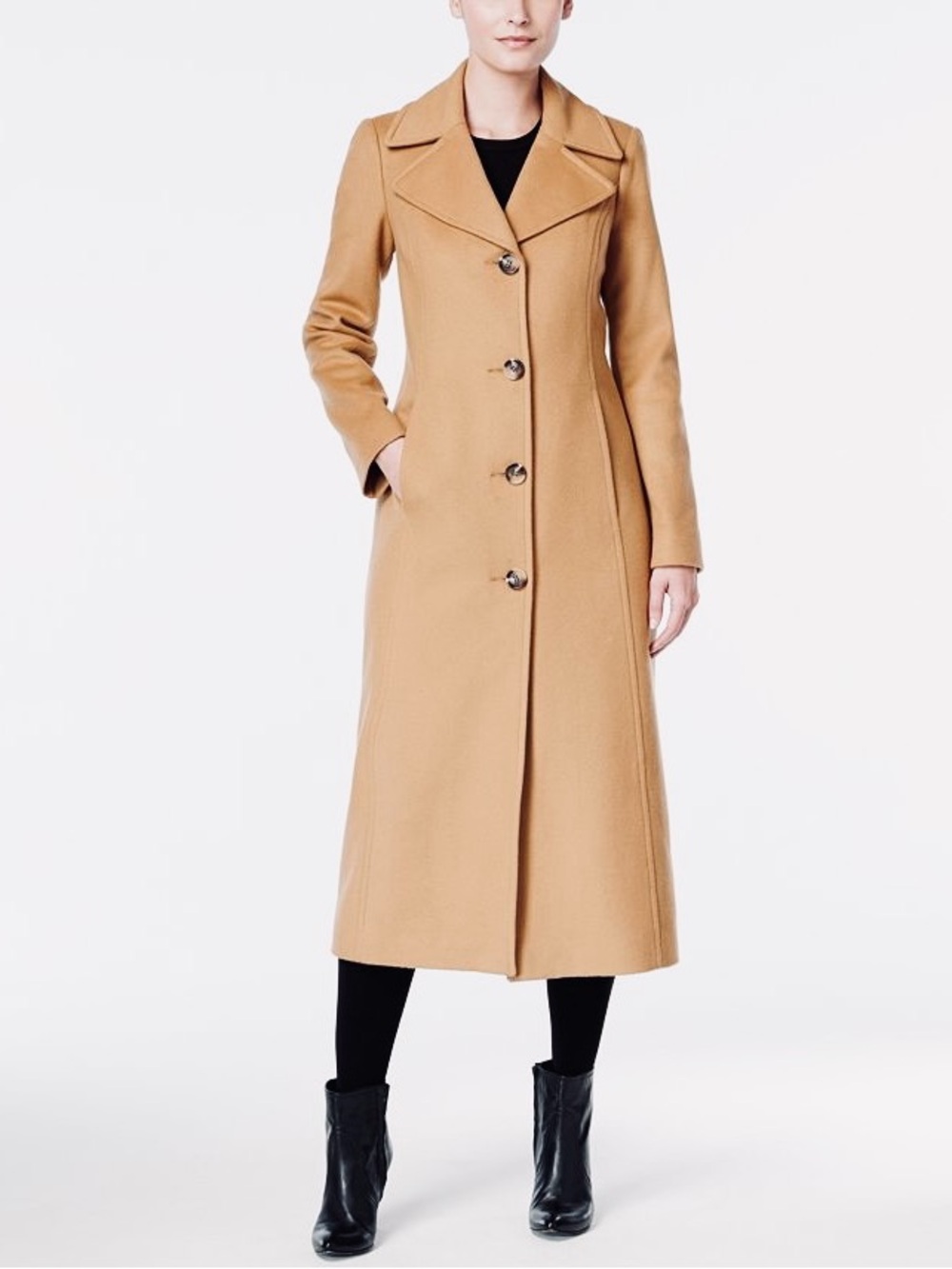 NEW Anne Klein Cashmere Wool Single-Breasted Button Long Maxi Coat Camel Tan